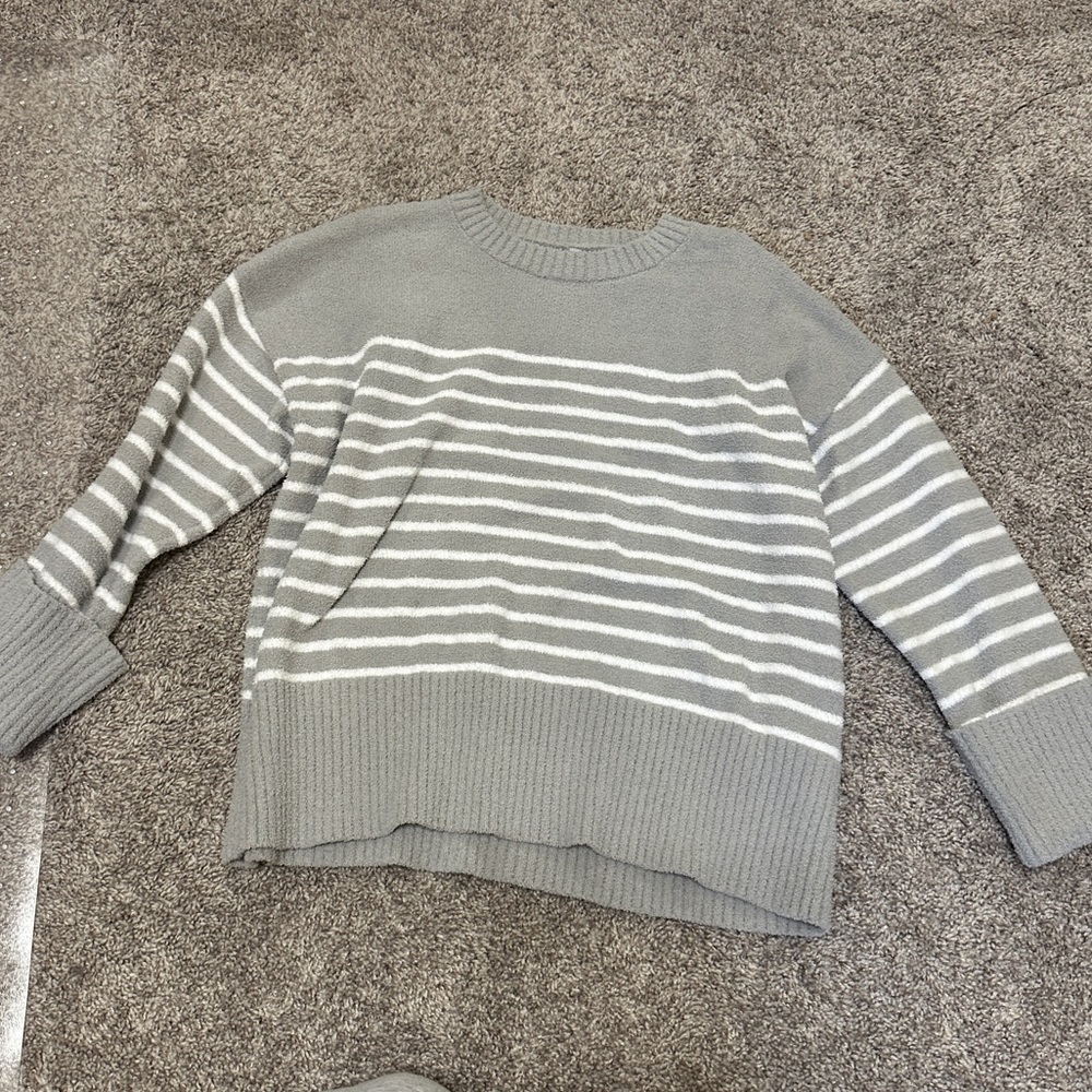 Amazon Gray and White Striped Women's Sweater